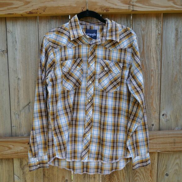 Wrangler Pearl Snap Shirt Long Sleeve Boys Brown Plaid XL Cotton Blend Flaw - Picture 1 of 5